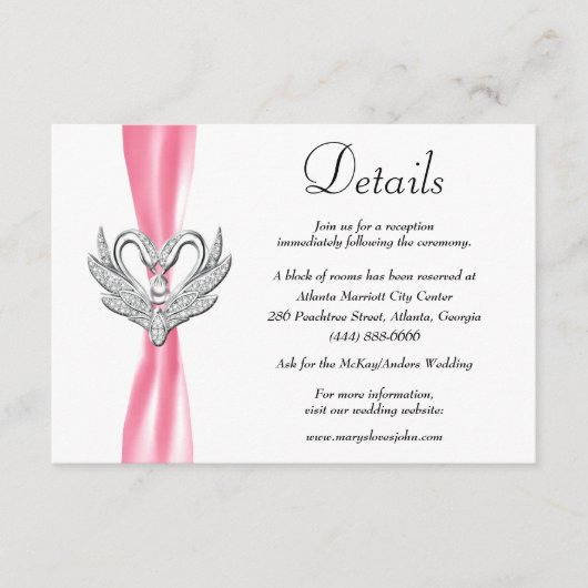 Roze ribbon Silver Swans Weddenschap Details Informatiekaartje (Voorkant)