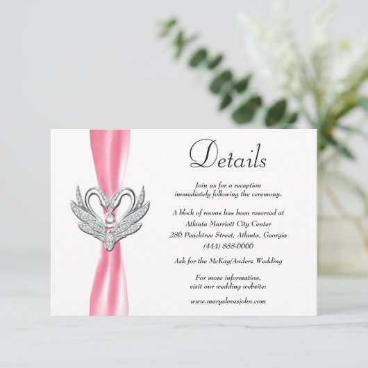 Roze ribbon Silver Swans Weddenschap Details Informatiekaartje (Staand voorkant)