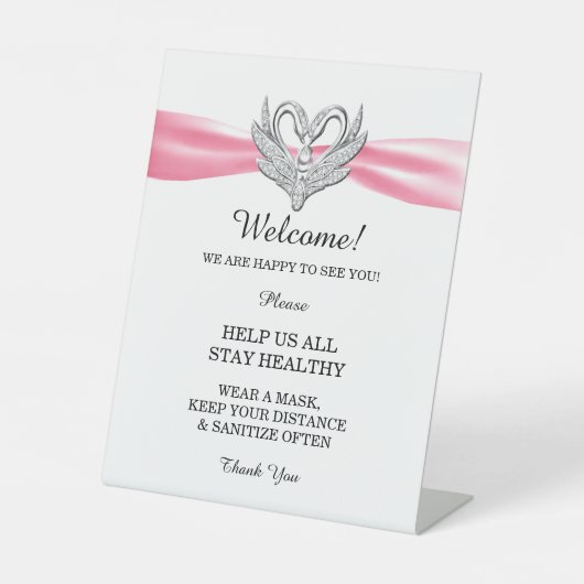 Roze ribbon Silver Swans Weddenschap Reclamebord Met Voetstuk (Voorkant)