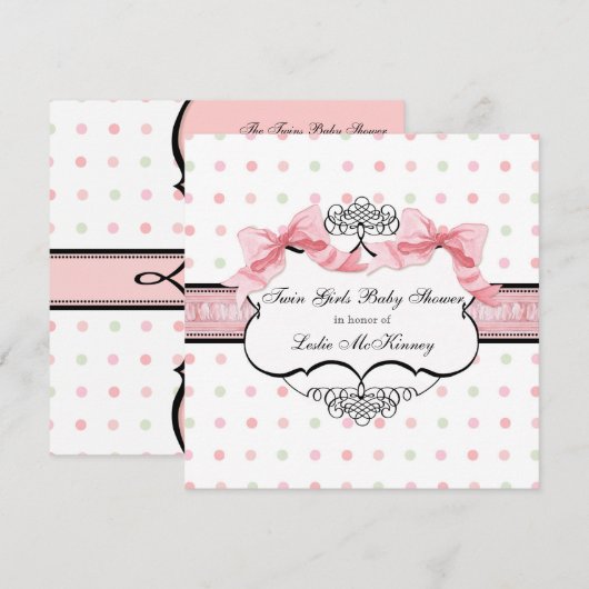 Roze Ribbon Twin Meisjes Franse Bow Dot Swirl Kaart (Voorkant / Achterkant)