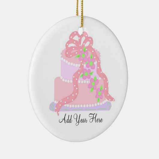 Roze ribbon Wedding Cake Keramisch Ornament (Rechts)