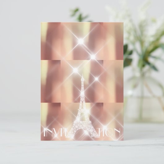 Roze Rise Eiffeltoren Paris Sparkly Stars Koper Kaart (Staand voorkant)