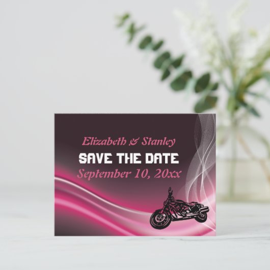 Roze road biker bruiloft Save the Date briefkaart (Staand voorkant)