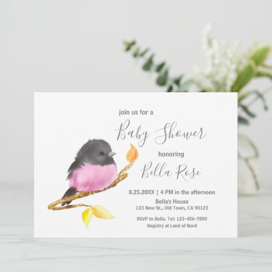 Roze Robin Bird Baby Shower-uitnodigingen Kaart (Staand voorkant)