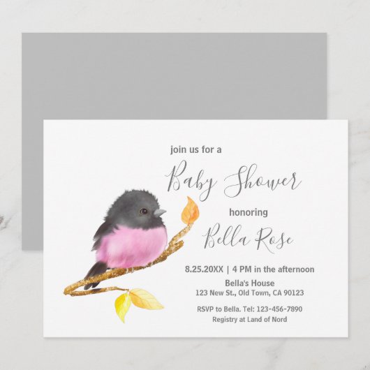 Roze Robin Bird Baby Shower-uitnodigingen Kaart (Voorkant / Achterkant)