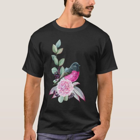 Roze Robin Bird op Eucalyptus Birder T-shirt (Voorkant)