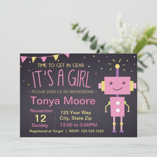 Roze Robot Baby shower Uitnodiging (Staand voorkant)