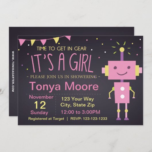Roze Robot Baby shower Uitnodiging (Voorkant / Achterkant)