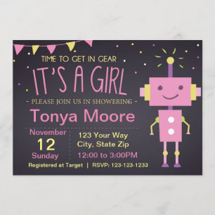 Roze Robot Baby shower Uitnodiging