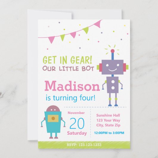 Roze Robot Birthday Part Uitnodiging (Voorkant)