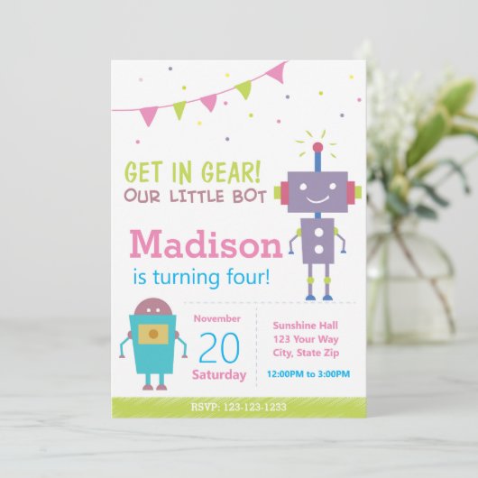 Roze Robot Birthday Part Uitnodiging (Staand voorkant)