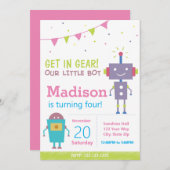 Roze Robot Birthday Part Uitnodiging (Voorkant / Achterkant)