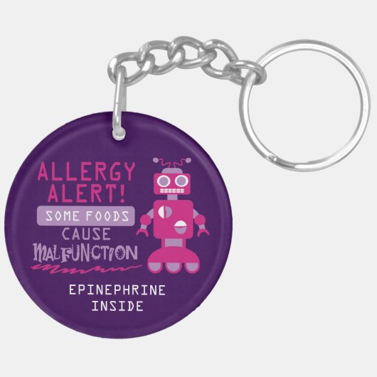Roze Robot Food Allergy Alert Kinder Gepersonalise Sleutelhanger (Achterkant Links)