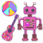Roze Robot Gitaar en Vredesbord Schattige Sticker (Voorkant)