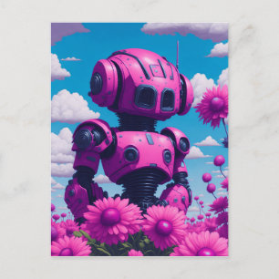 roze robot in roze bloemen briefkaart