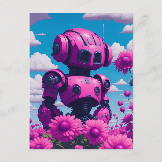 roze robot in roze bloemen briefkaart (Voorkant)