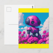 roze robot in roze bloemen briefkaart (Voorkant / Achterkant)