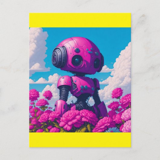 roze robot in roze bloemen briefkaart (Voorkant)