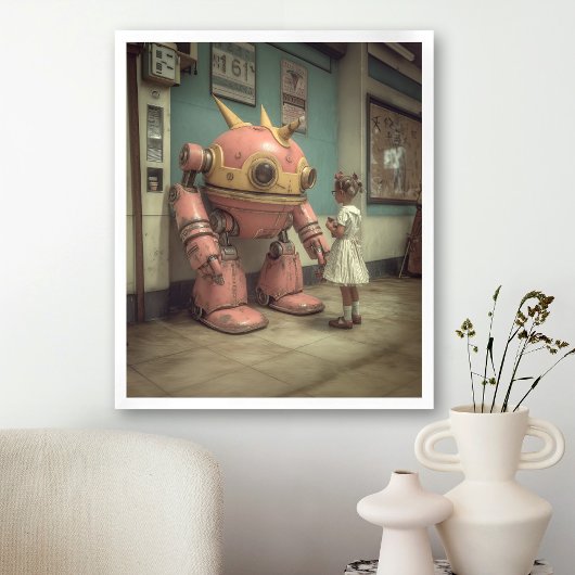 Roze robot jong meisje illustratie  retro poster