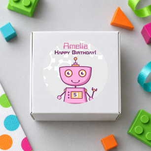 Roze Robot Meisjes Verjaardag Ronde Sticker