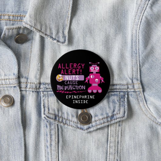 Roze Robot Nut Allergy Alert Girls Gepersonaliseer Ronde Button 7,6 Cm (In situ)