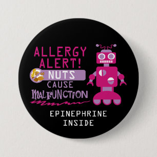 Roze Robot Nut Allergy Alert Girls Gepersonaliseer Ronde Button 7,6 Cm
