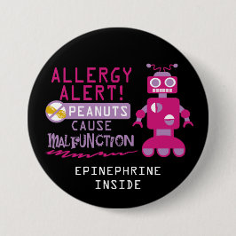Roze Robot Peanut Allergy Alert Girls Gepersonalis Ronde Button 7,6 Cm