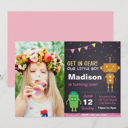 Roze Robot Uitnodiging met foto (Voorkant / Achterkant)