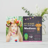 Roze robotuitnodiging met foto kaart (Staand voorkant)