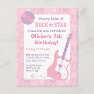 Roze Rock Star Girls Birthday Party Invitations Kaart