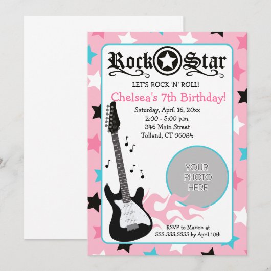 Roze Rock Star Guitar *PHOTO* Birthday 5x7 Kaart (Voorkant / Achterkant)
