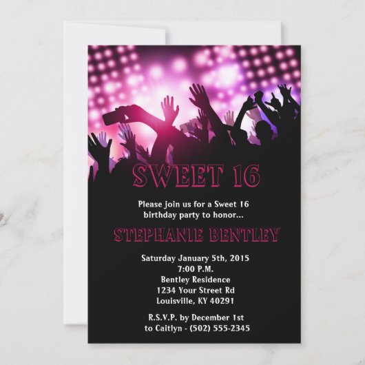 Roze Rock Star Sweet 16 Birthday Invitation Kaart (Voorkant)