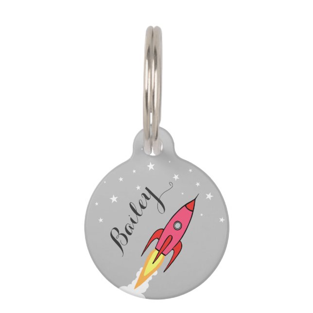 Roze Rocket Buitenspatie Persoonlijke Sjabloon voo Huisdierpenning (Voorkant)