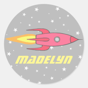 Roze Rocket Ship Buitenspatie Aangepaste Kinderen Ronde Sticker