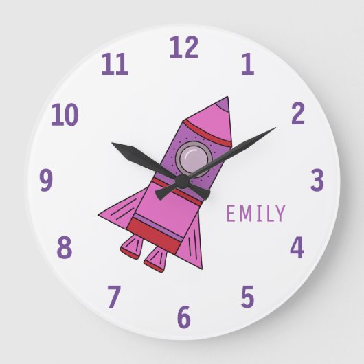 Roze Rocket Ship Girl Name Girly Space  Grote Klok (Voorkant)
