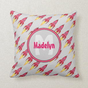 Roze Rocket Ship Monogram Buitenspatie Girls Room Kussen
