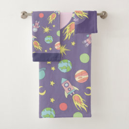 Roze Rocket Ship Space Pattern en naam van Girl Bad Handdoek