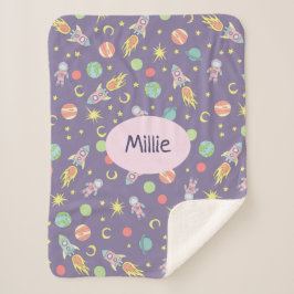 Roze Rocket Ship Space Pattern en naam van Girl Sherpa Deken
