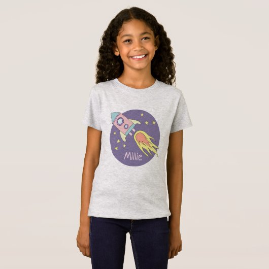 Roze Rocket Space Galaxy en naam van het meisje T-shirt (Voorkant volledig)