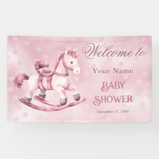Roze Rocking Horse Baby shower Welkom Spandoek (Horizontaal)