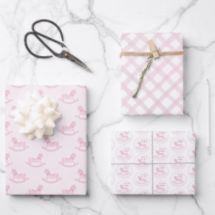 Roze Rocking Horse Baby shower Wrapping Paper Shee