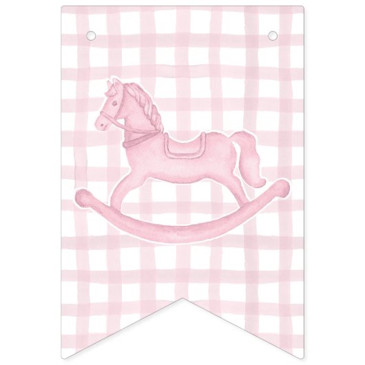 Roze Rocking Horse Gingham Girl Baby Banner (Eerste vlag)
