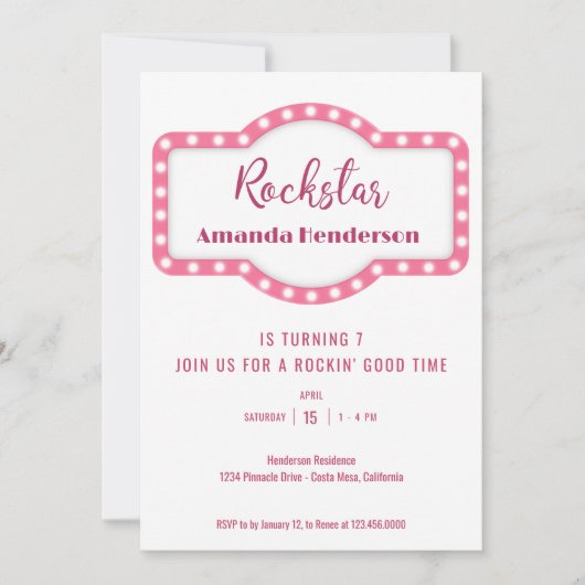 Roze Rockstar verjaardagsuitnodiging Kaart (Voorkant)