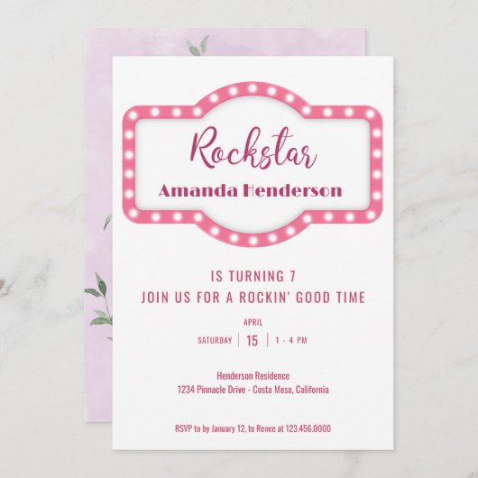 Roze Rockstar verjaardagsuitnodiging Kaart (Voorkant / Achterkant)
