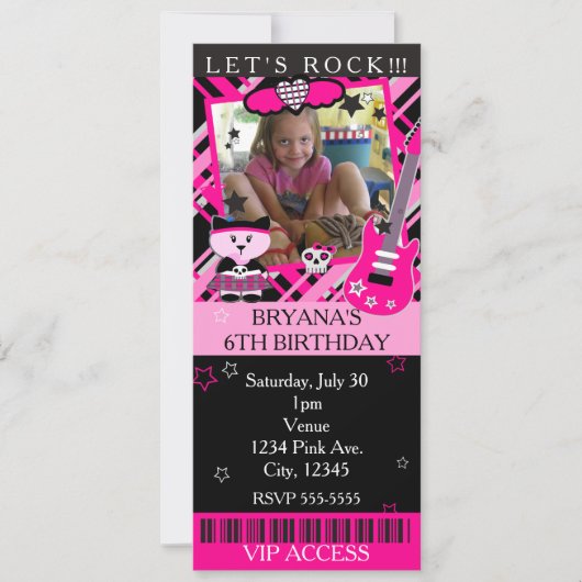 Roze Rockster Kitty Kat Roze Ticket VIP Feestje Kaart (Voorkant)