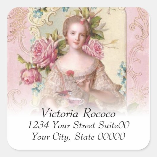 Roze Rococo Adres Vierkante Sticker (Voorkant)