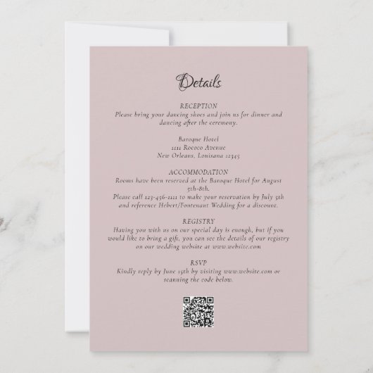 Roze Rococo Barok Bloemen Alles in één bruiloft Kaart (Achterkant)