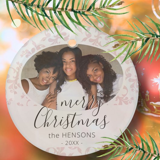 Roze Rococo Merry-kerstfoto Foto Glas Ornament