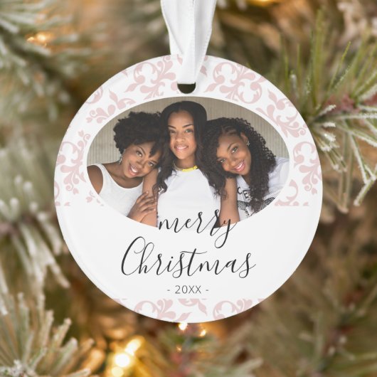 Roze Rococo Prettig Kerst Script Foto Ornament (Boom)
