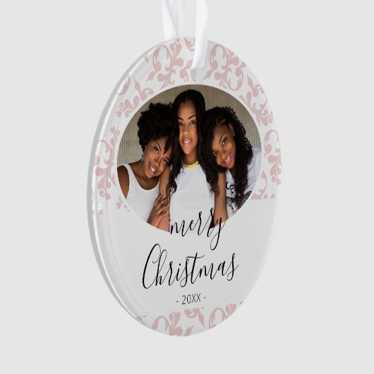 Roze Rococo Prettig Kerst Script Foto Ornament (voorkant)